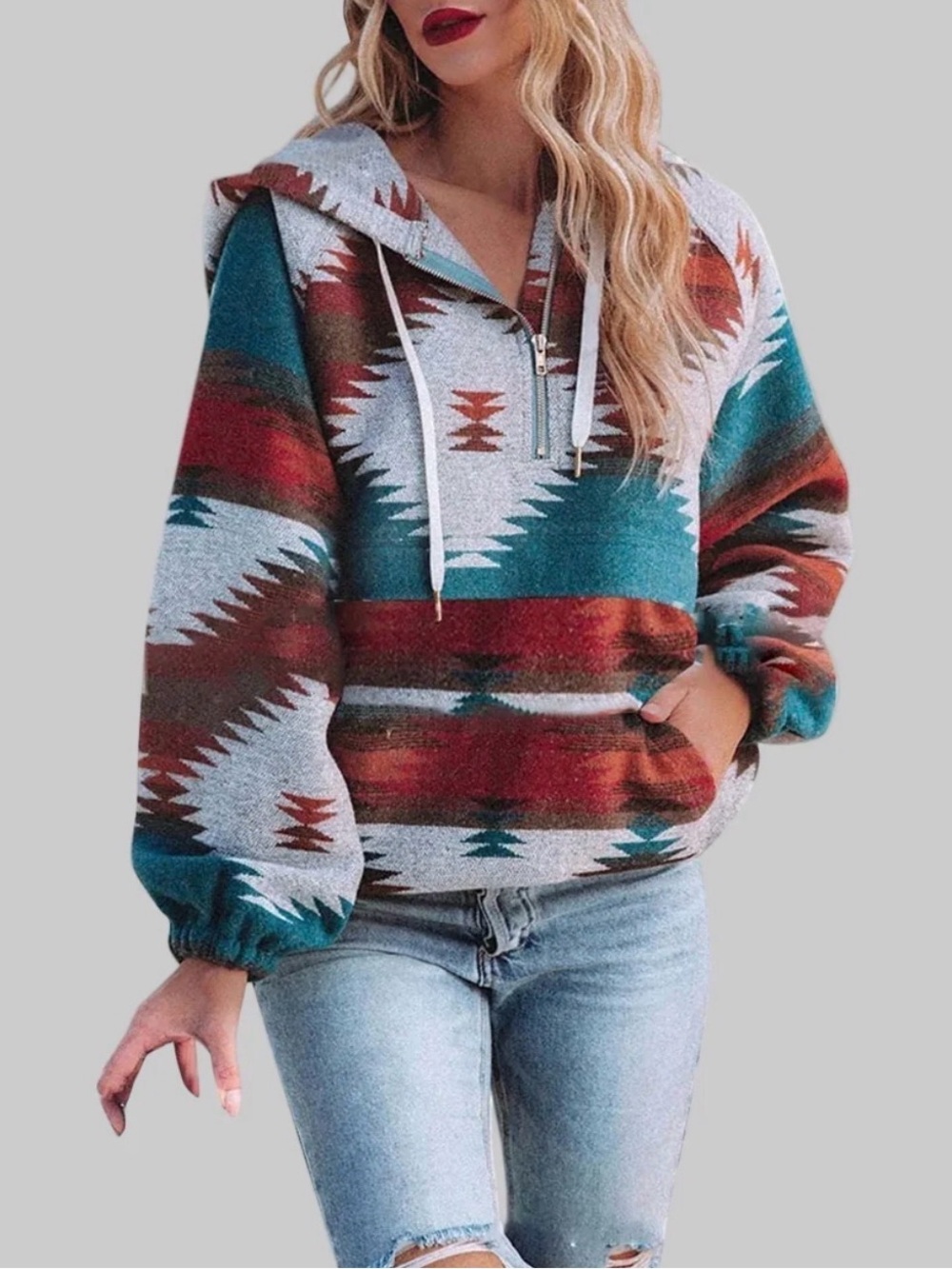 Aztec Print Hoodie Pullover - Teal & Rust medium